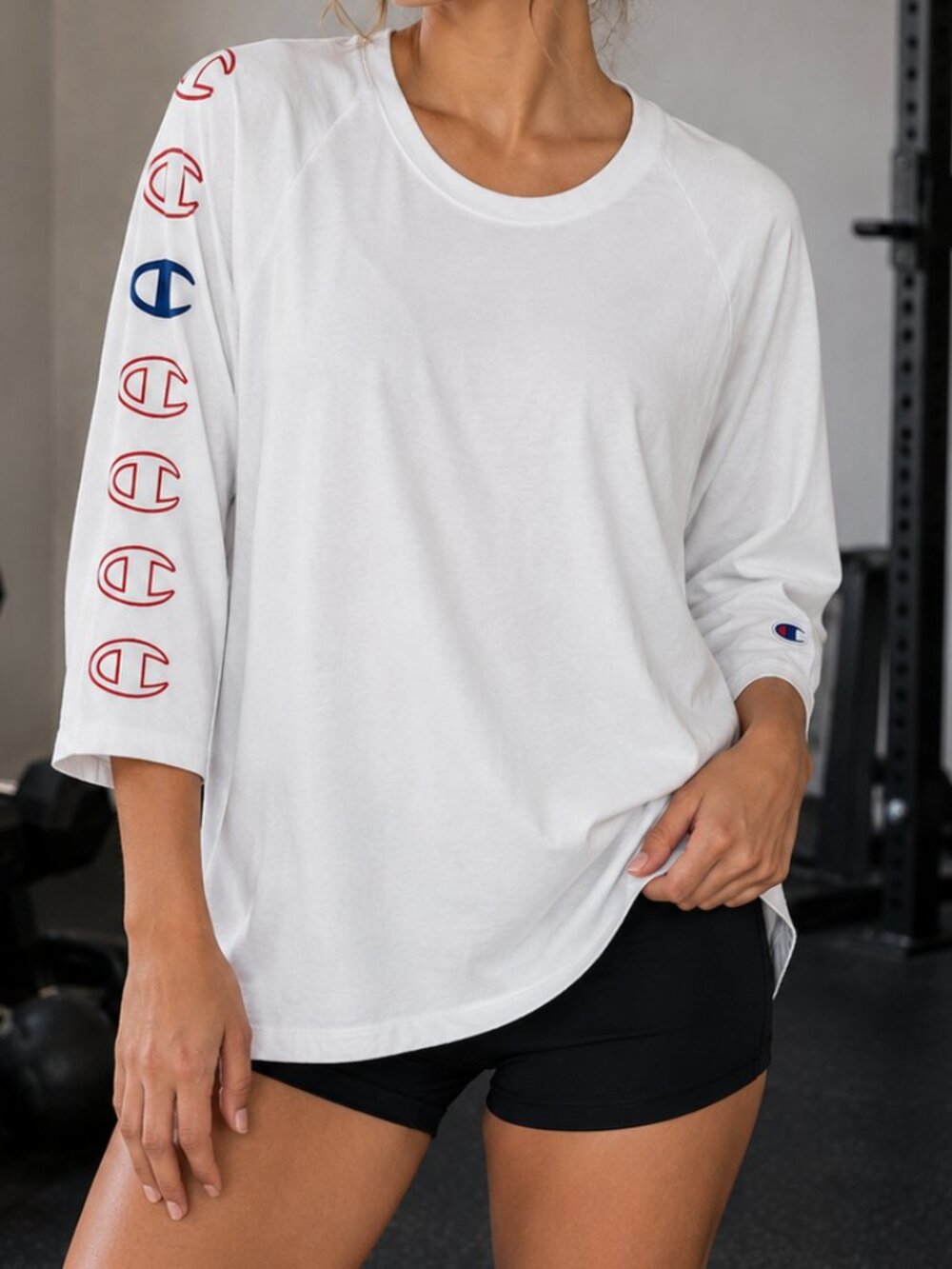 Champion White Logo 3/4 Sleeve Graphic Tee Large Athleisure